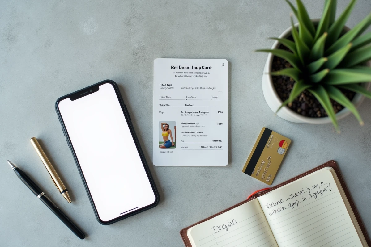 Smartphone affichant une page d'abonnement à un programme minceur avec carte bancaire et notes de budget manuscrites