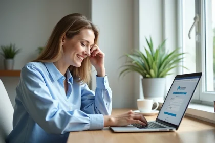 Femme souriant devant son ordinateur portable pour activer ses avantages Sévéane Groupama