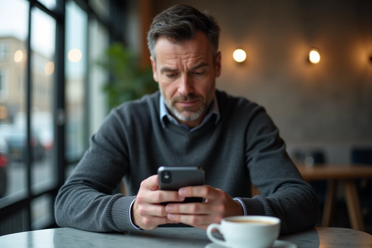 Homme activant son compte KelDoc depuis son smartphone dans un café urbain contemporain