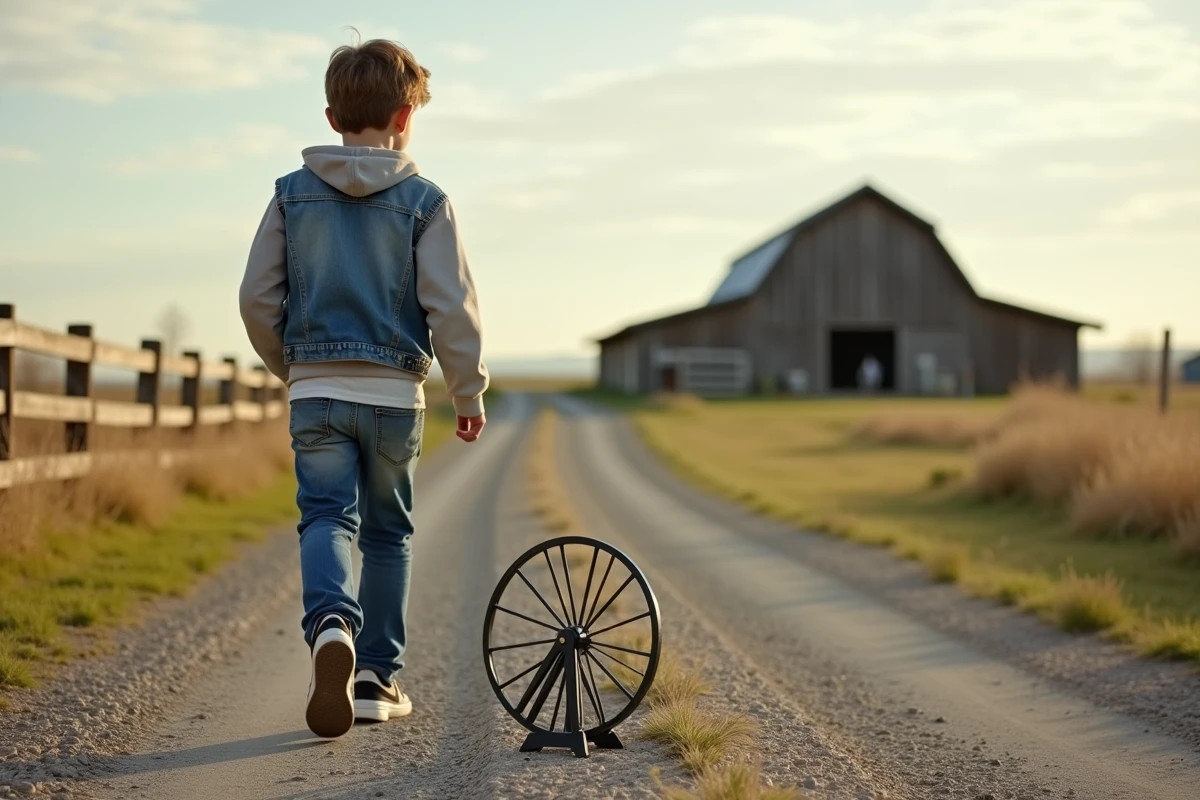 Adolescent utilise un rouleau de mesure dans un paysage rural