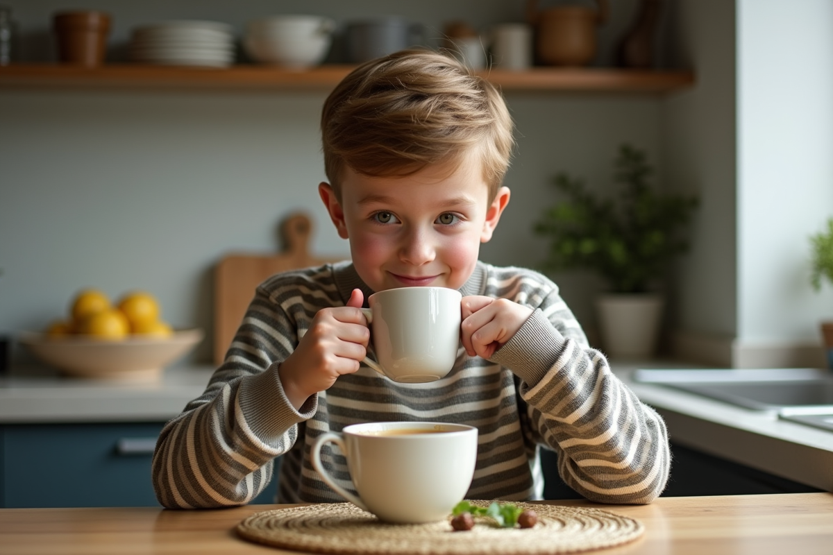 Adolescent buvant une infusion herbal dans une cuisine moderne