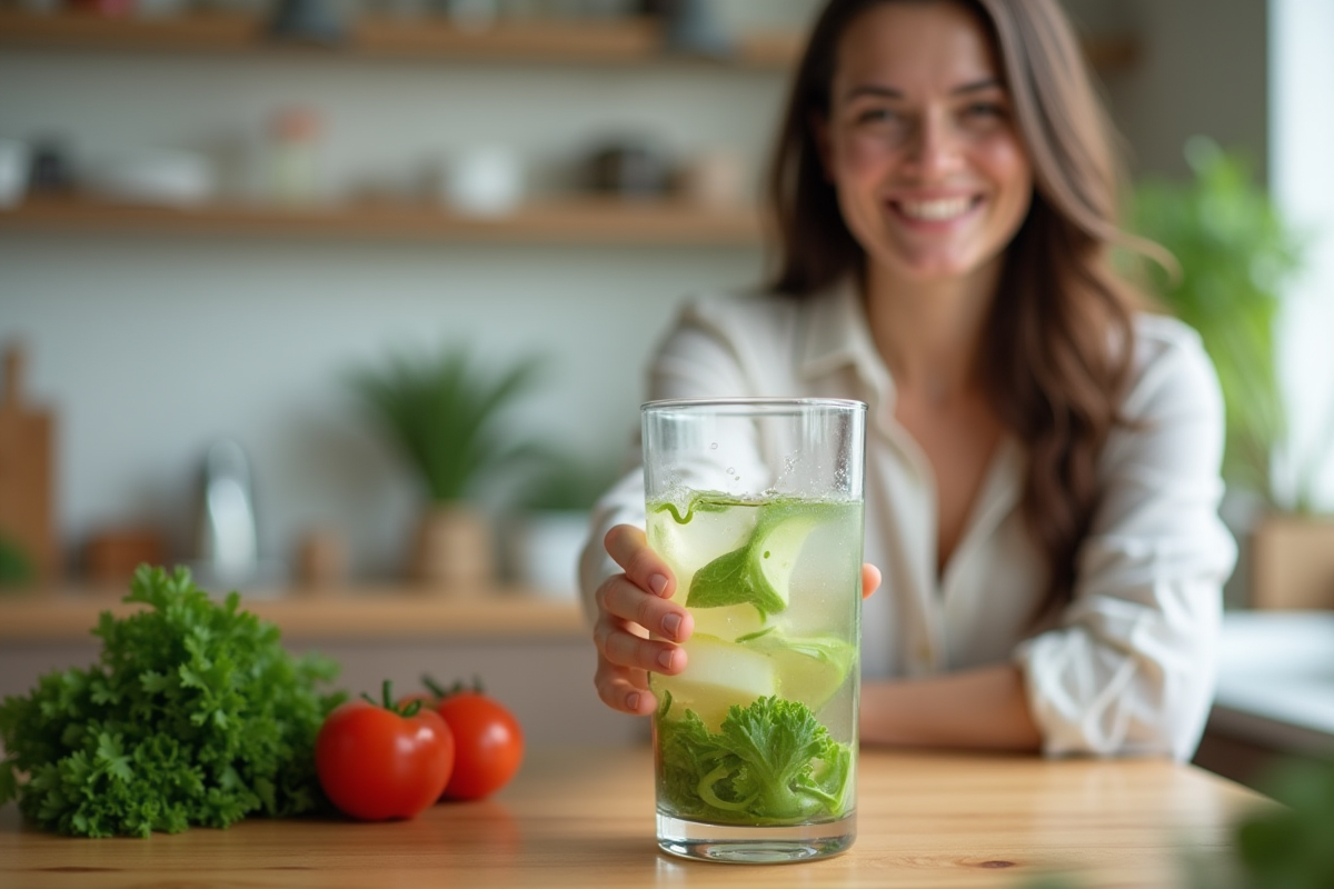 Adulte souriant tenant un verre d'eau avec légumes frais en cuisine