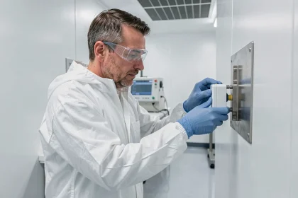 Technicien en combinaison de salle blanche installant un aérobiocollecteur sur un support mural dans une zone à atmosphère contrôlée pharmaceutique