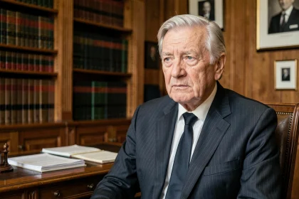 Portrait d'un homme politique français âgé assis dans un bureau classique parisien, expression grave et réfléchie, illustrant un article sur la santé d'Alain Madelin en 2026
