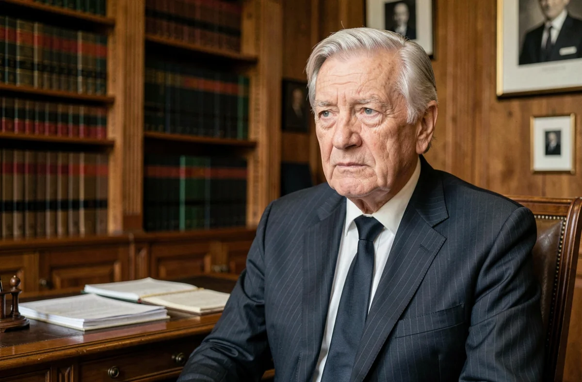 Portrait d'un homme politique français âgé assis dans un bureau classique parisien, expression grave et réfléchie, illustrant un article sur la santé d'Alain Madelin en 2026