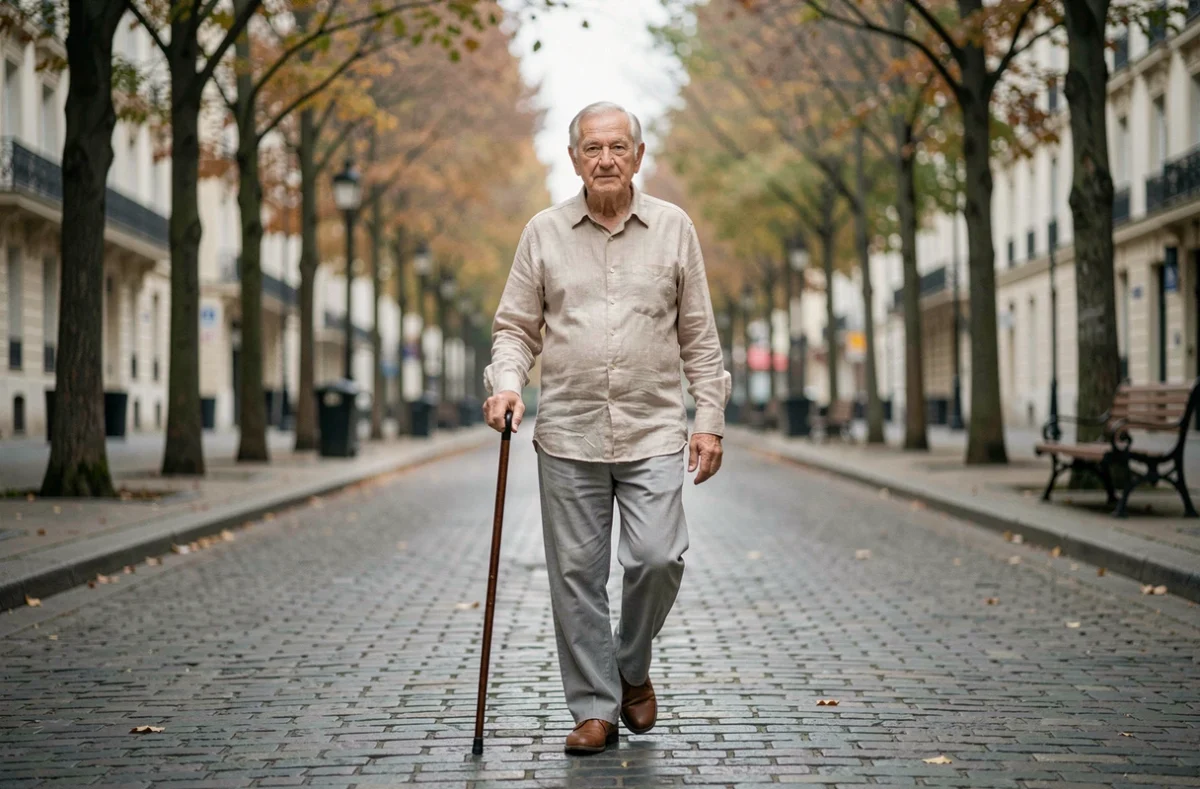 Homme politique âgé marchant avec une canne sur un boulevard parisien automnal, illustrant les questions de santé et le vieillissement d'Alain Madelin