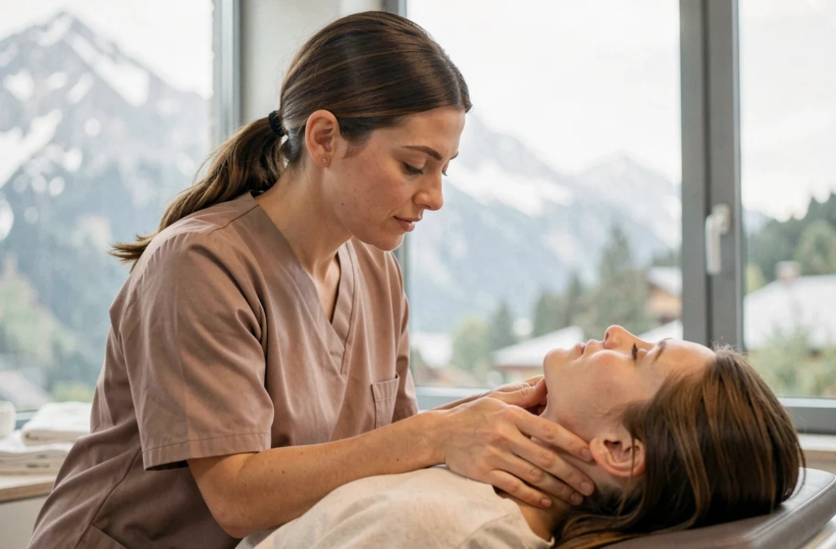 Alexandra Vallez, ostéopathe en Savoie, réalisant une traction cervicale sur un patient avec vue sur les montagnes
