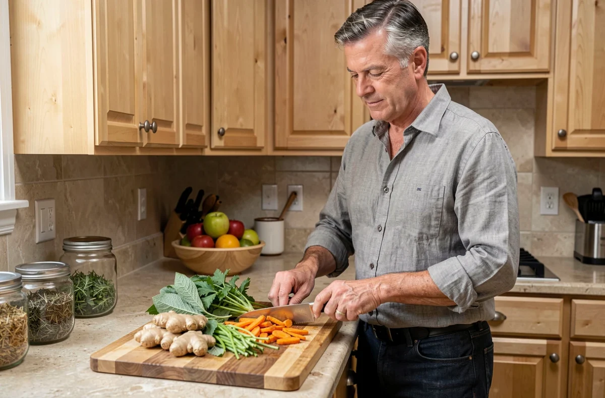 Homme préparant des aliments anti-inflammatoires comme le gingembre et le curcuma pour soutenir la santé du foie et des intestins