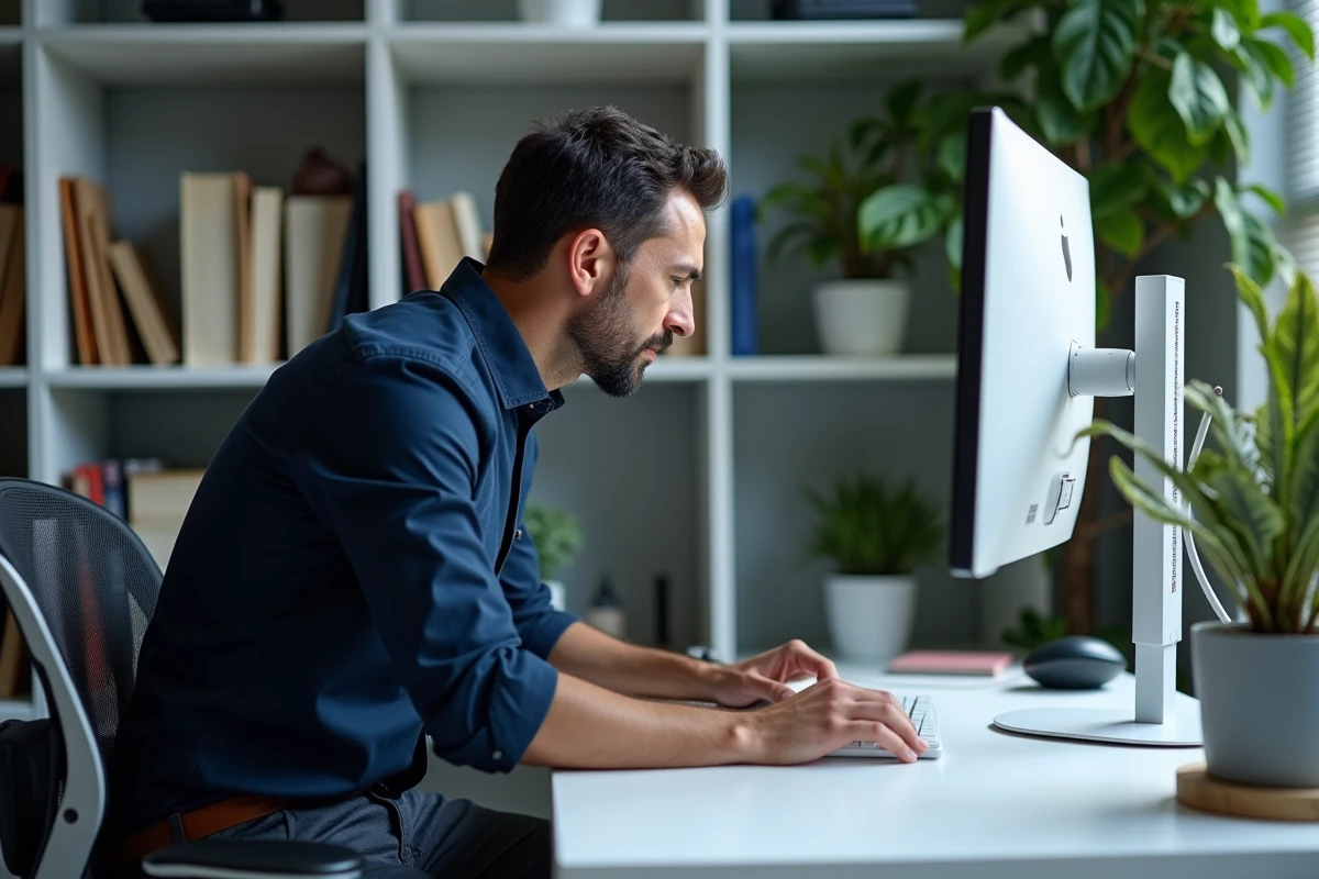 Homme aménageant son poste de travail ergonomique à domicile pour soulager la douleur dorsale