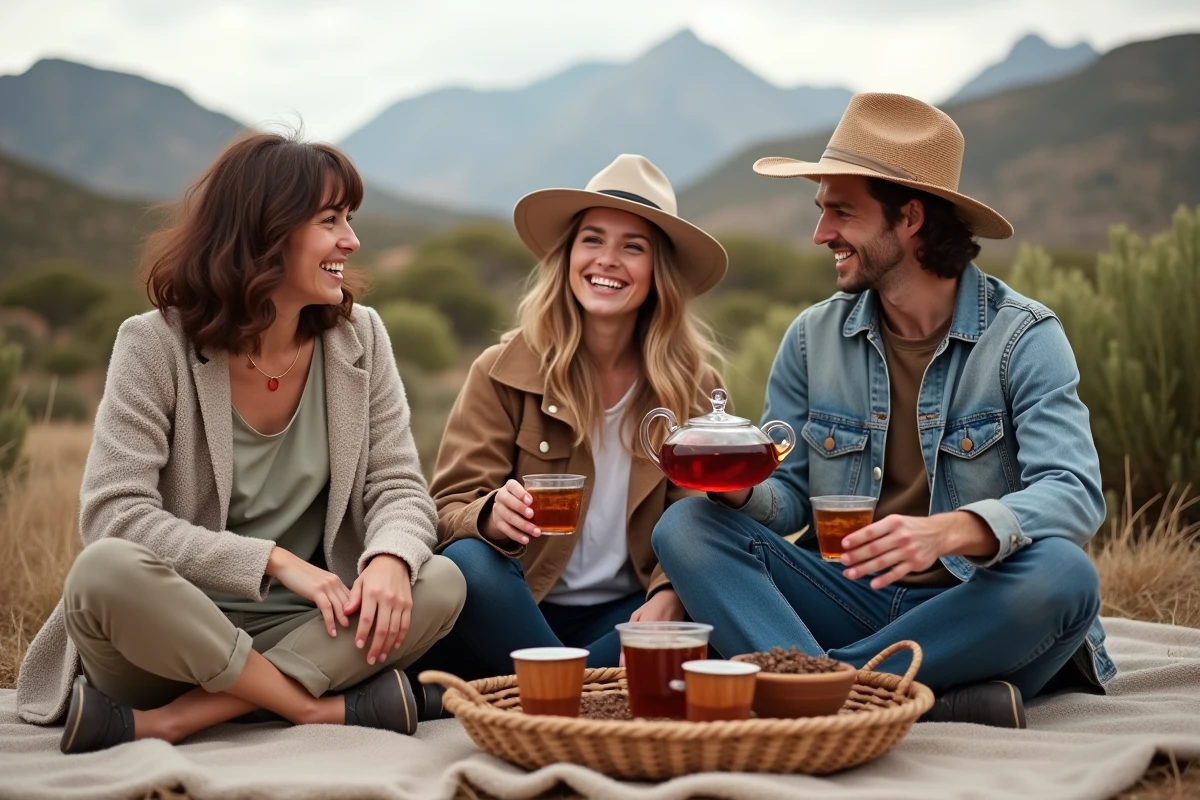 Trois amis partageant du rooibos dans la nature sud-africaine