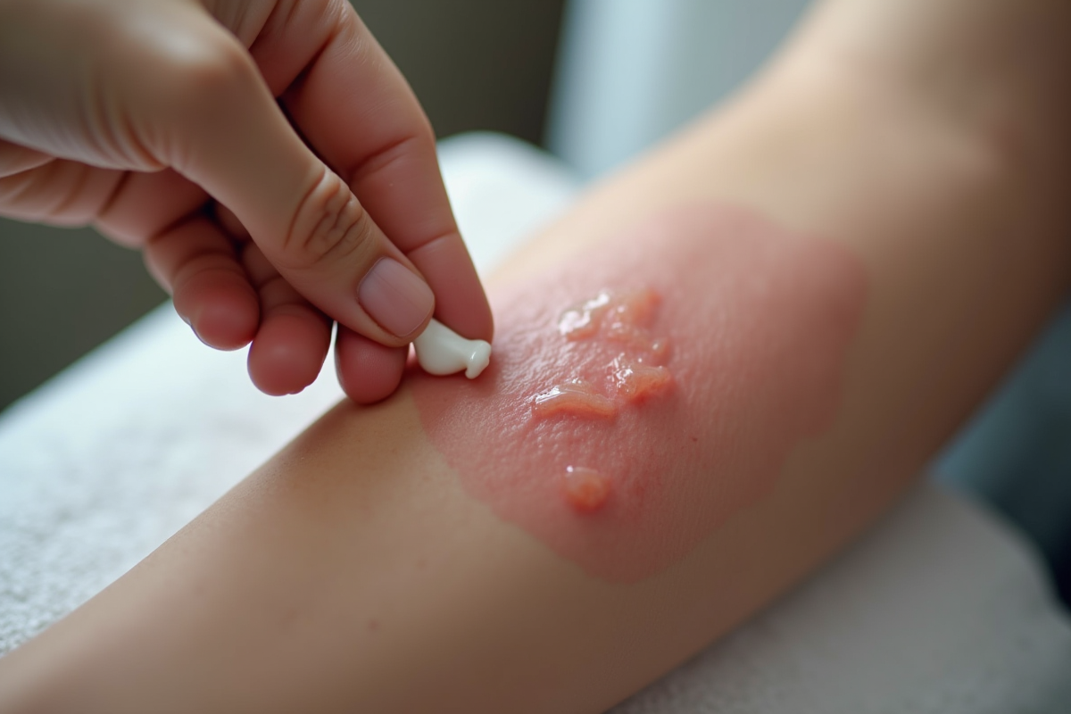 Application de creme apaisante sur peau irritée