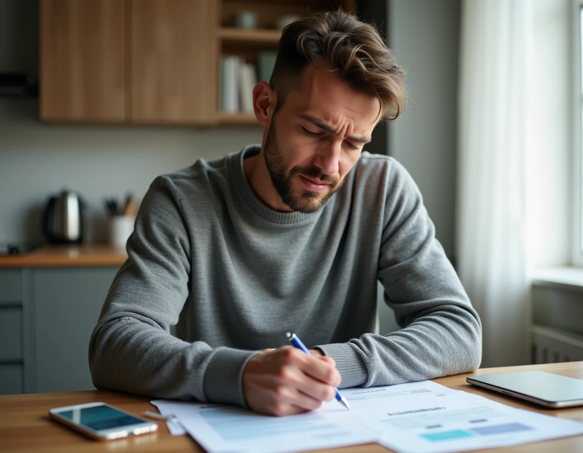 Homme en arrêt de travail pour soins dentaires remplissant des documents administratifs à domicile