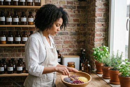 Artisane belge préparant des cosmétiques naturels à base de plantes dans son atelier
