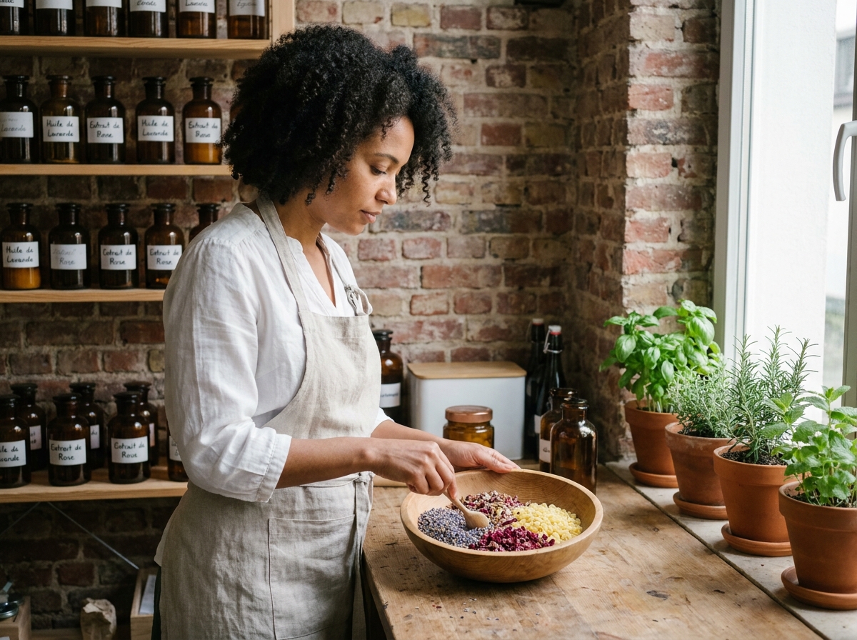 Artisane belge préparant des cosmétiques naturels à base de plantes dans son atelier