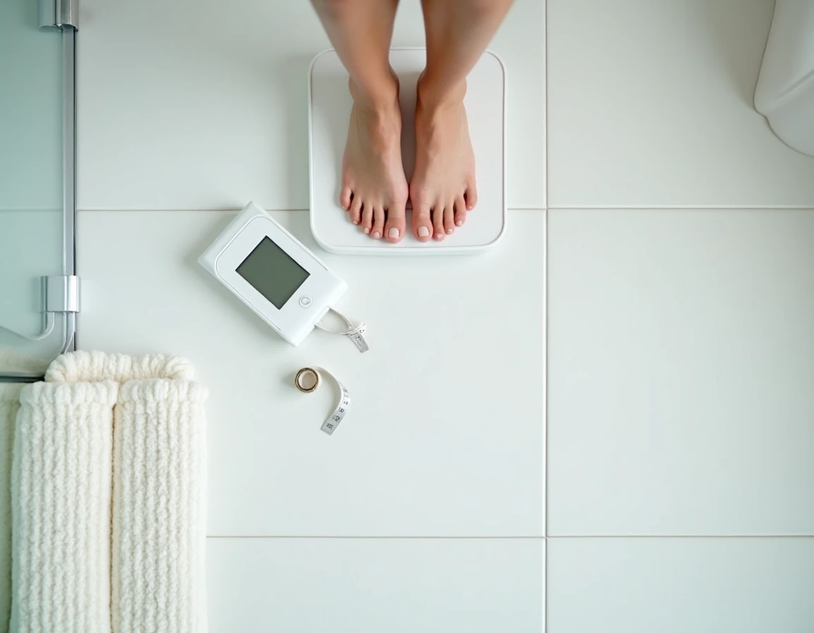 Balance et carnet de suivi sur le carrelage d'une salle de bain, symbolisant l'obsession du poids lors d'un r&eacute;gime express d'une semaine