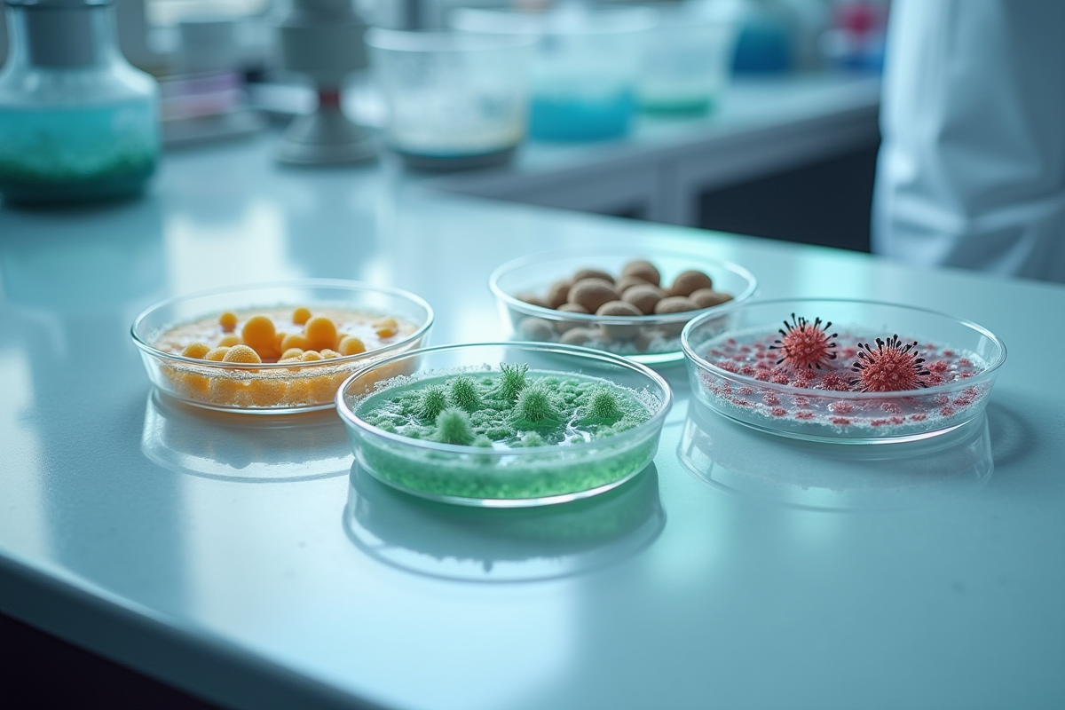 Quatre boites de Petri avec colonies de microbes