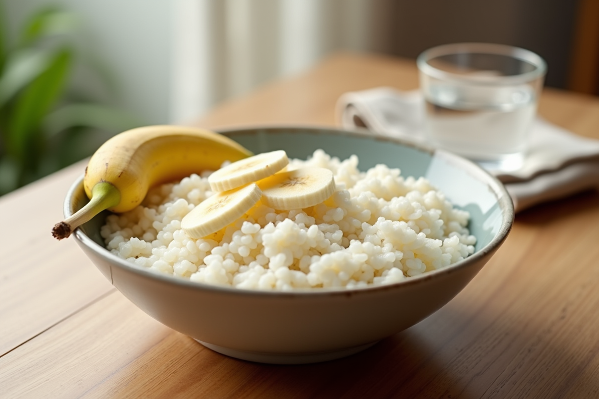 Bol de riz nature avec banane sur une table en bois