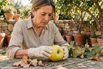 Botaniste examinant une coloquinte coupée avec des gants de protection dans un jardin méditerranéen