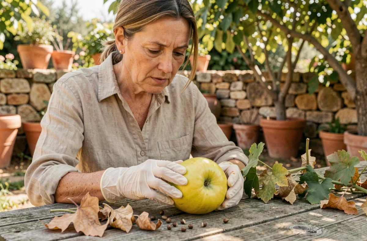 Botaniste examinant une coloquinte coupée avec des gants de protection dans un jardin méditerranéen