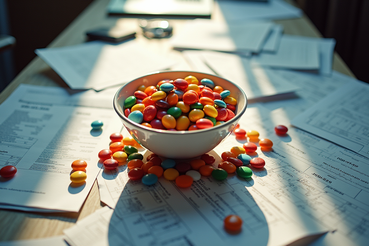 Bureau avec bonbons colorés et papiers dispersés
