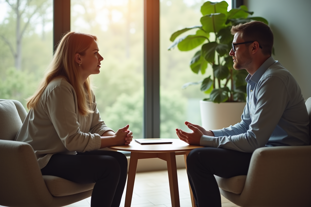 Conseiller écoutant un client dans un cabinet lumineux et cosy