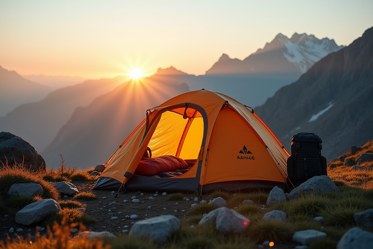 Tente au lever du soleil sur terrain rocheux avec brume