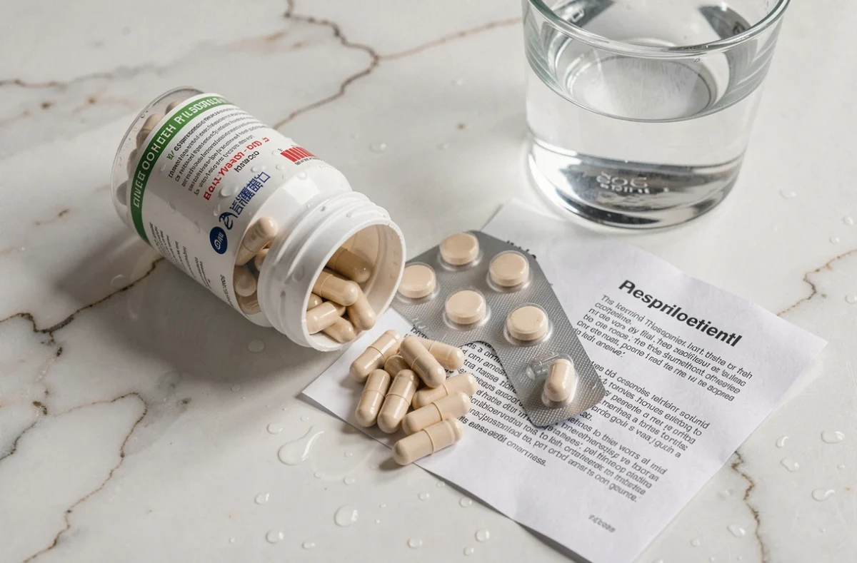 Gros plan sur des capsules de complément alimentaire mélangées à des médicaments sur ordonnance sur un plan de salle de bain, illustrant les risques d'interactions médicamenteuses