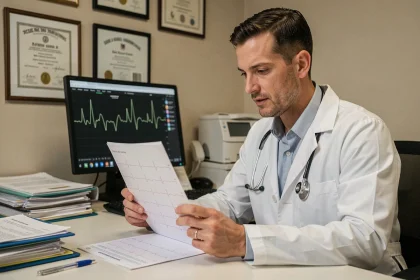 Cardiologue analysant un électrocardiogramme imprimé dans un cabinet médical hospitalier