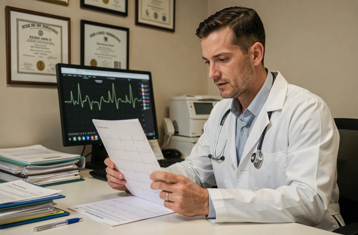 Cardiologue analysant un électrocardiogramme imprimé dans un cabinet médical hospitalier