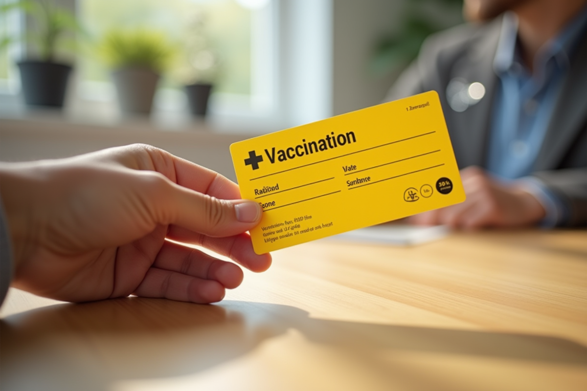 Main tenant une carte vaccination jaune ouverte sur bois clair