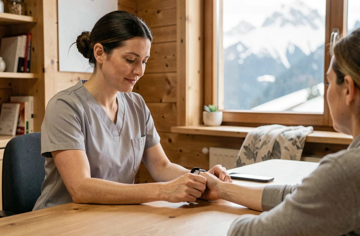 Charlotte Magnan, ostéopathe en Savoie, mobilisant le poignet d'un patient dans un cabinet aux accents alpins