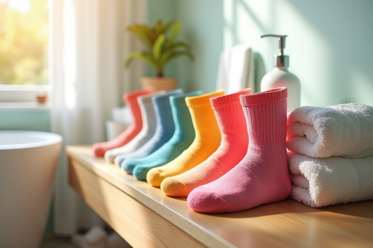Rangee de chaussettes colorées sur une commode en bois