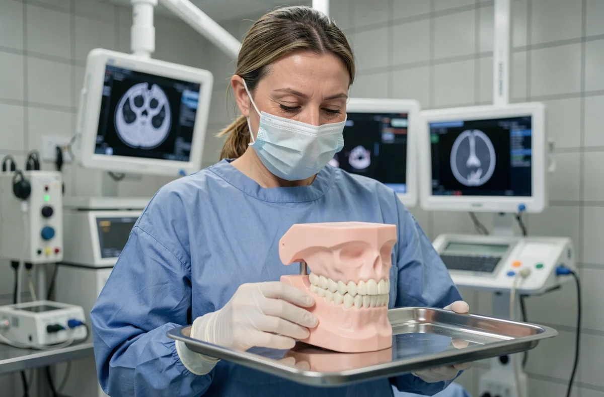 Chirurgienne maxillo-faciale tenant un modèle anatomique de mâchoire en 3D dans un bloc opératoire, illustrant la planification chirurgicale du cancer de la mâchoire