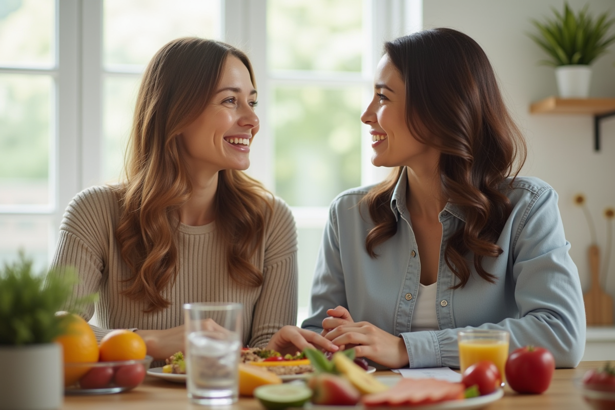 Coach et cliente souriantes avec plan repas fruits et eau