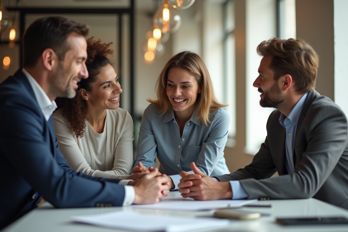 Équipe diverse en réunion de travail dans un bureau lumineux