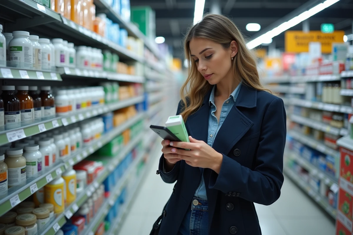 Femme comparant un complément alimentaire de programme minceur avec des informations sur son téléphone dans un rayon de pharmacie