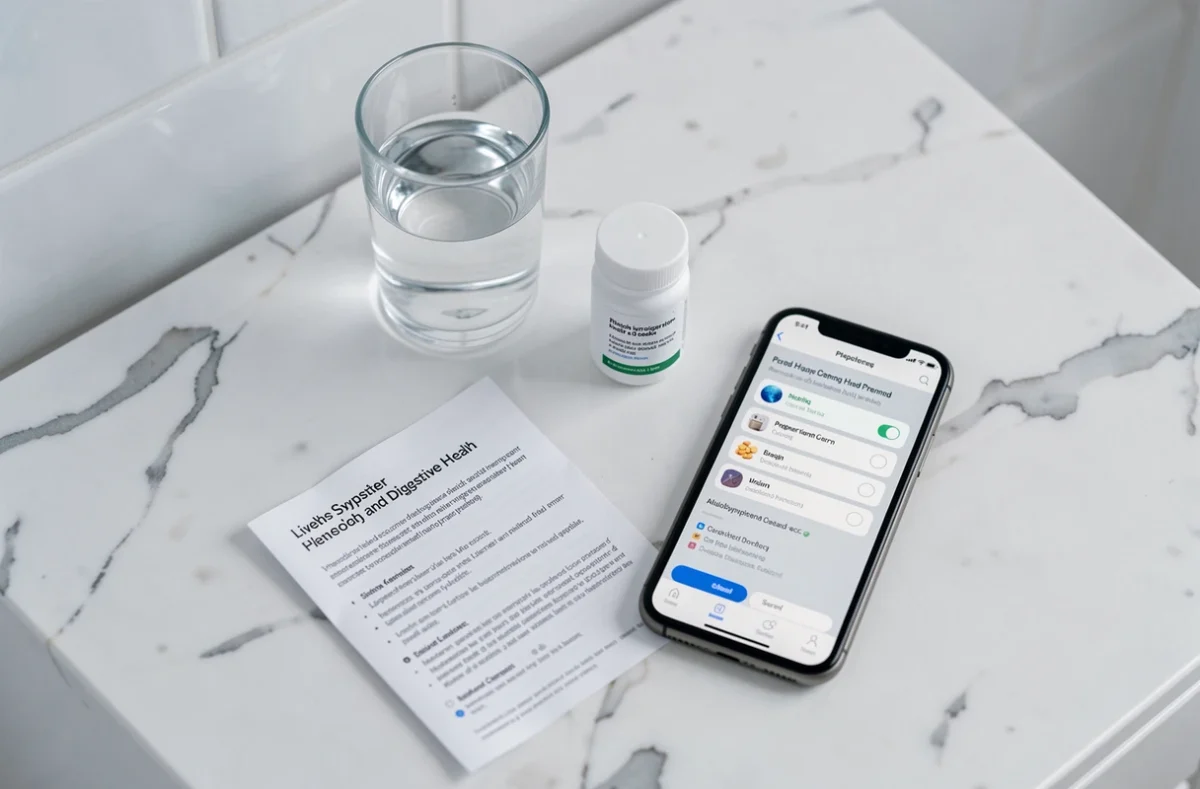 Vue en plongée d'un comptoir de salle de bain avec médicaments et brochure sur la santé digestive et hépatique