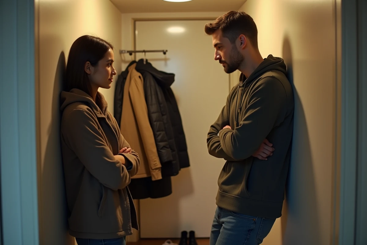 Couple en désaccord dans un couloir d'appartement urbain, l'homme affichant une attitude désinvolte face à une femme sérieuse, illustrant un conflit lié au syndrome de Peter Pan dans la relation