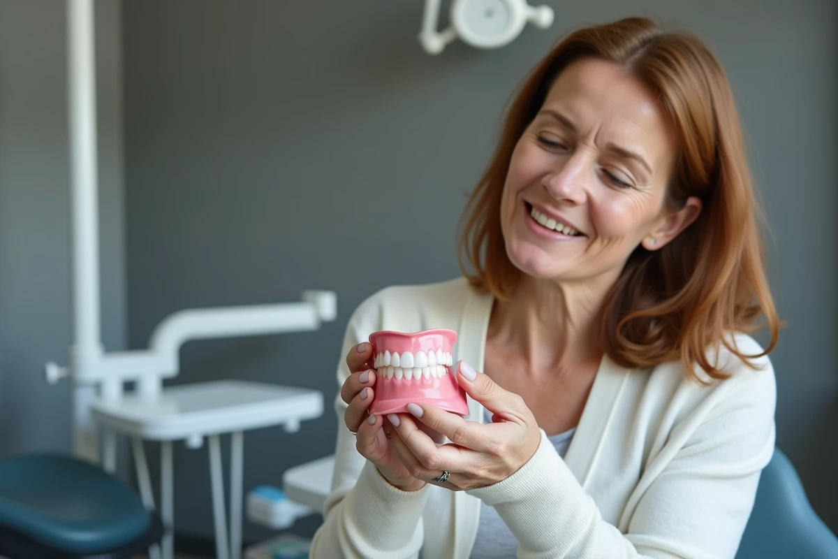 Femme en consultation dentaire tenant un modèle de dentier sans palais, illustrant une démarche informée pour retrouver le sourire sans implants