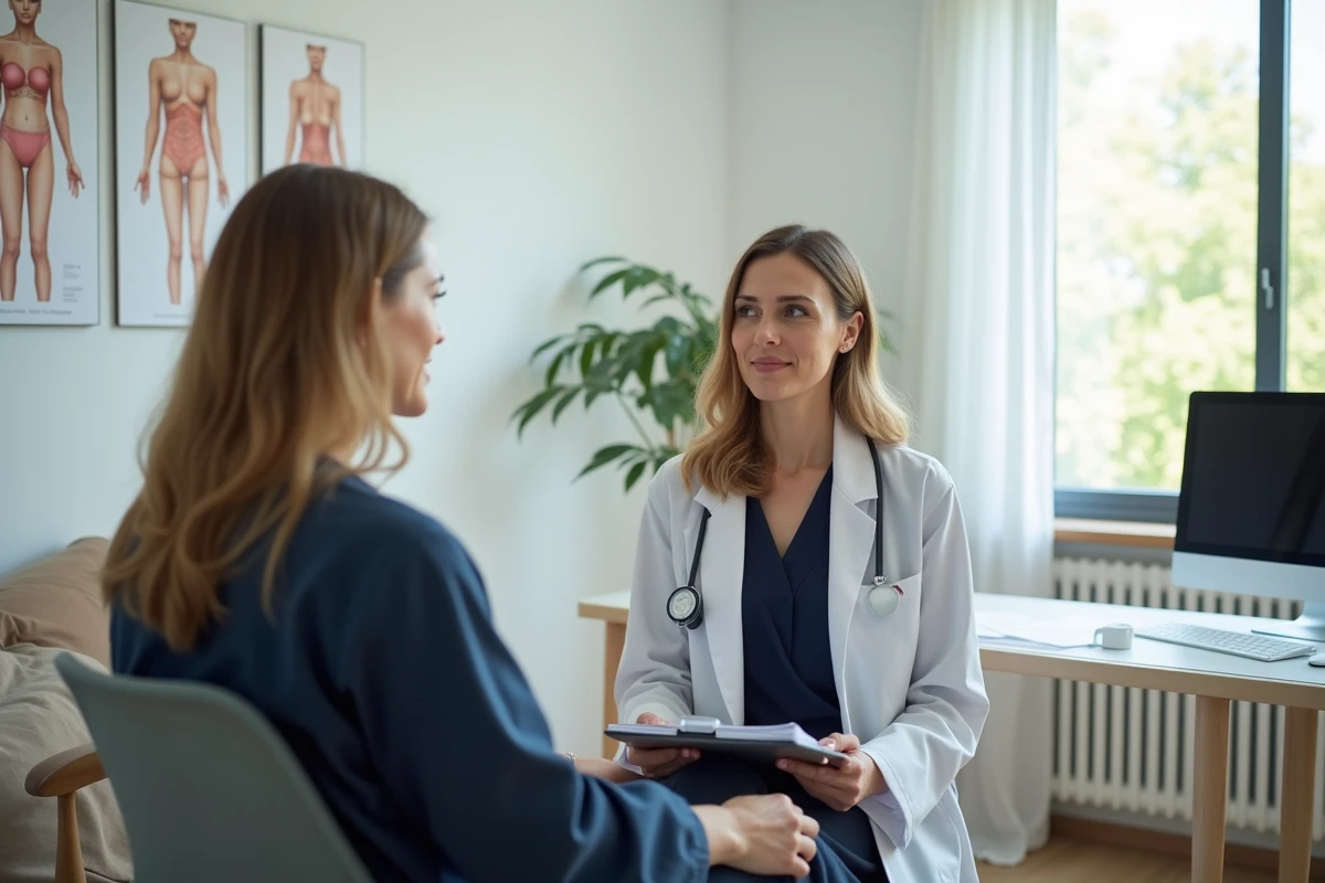 Médecin gynécologue en consultation avec une patiente après une ablation de la trompe, échangeant sur la convalescence et le suivi post-opératoire dans un cabinet médical moderne