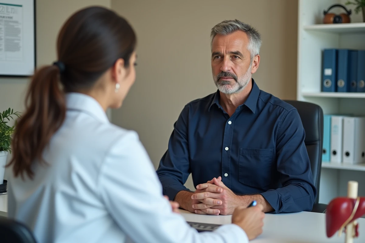 Patient en consultation médicale discutant de douleurs au foie et des effets d'un mois sans alcool avec son médecin