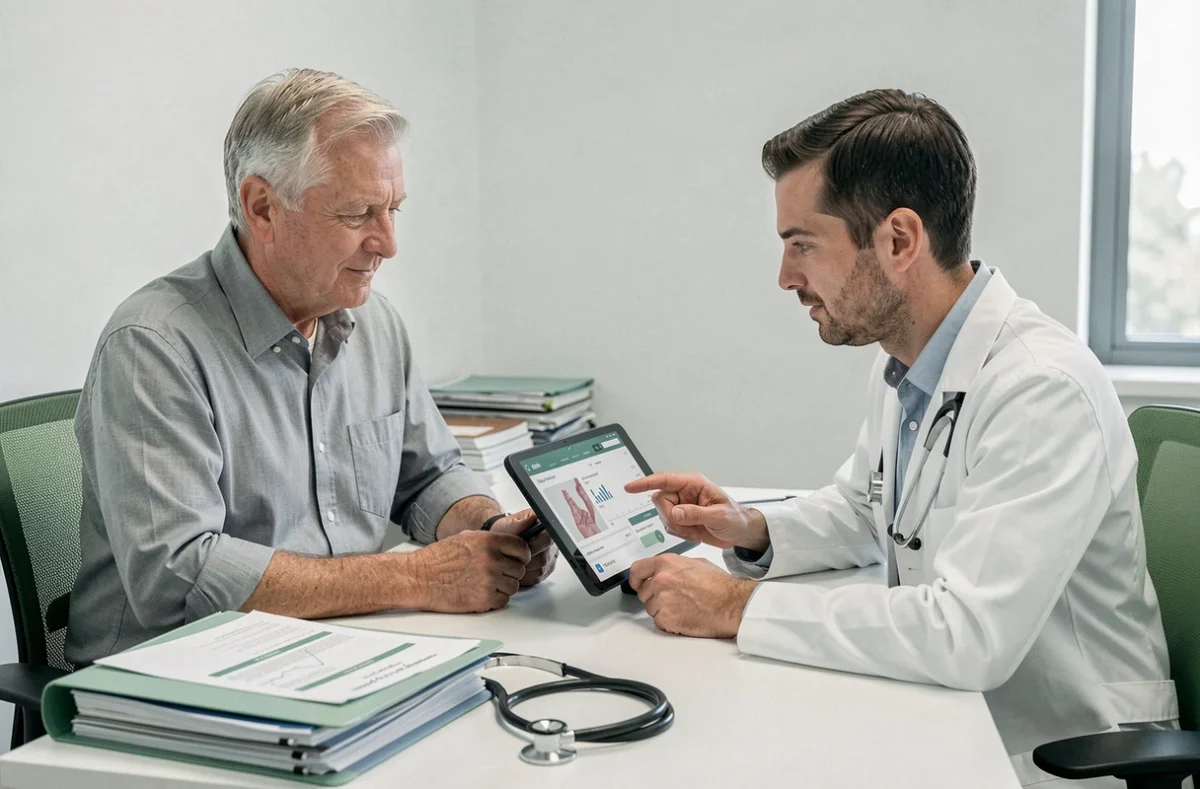 Patient senior en consultation médicale discutant des risques liés à l'utilisation d'un complément cardiovasculaire avec son médecin