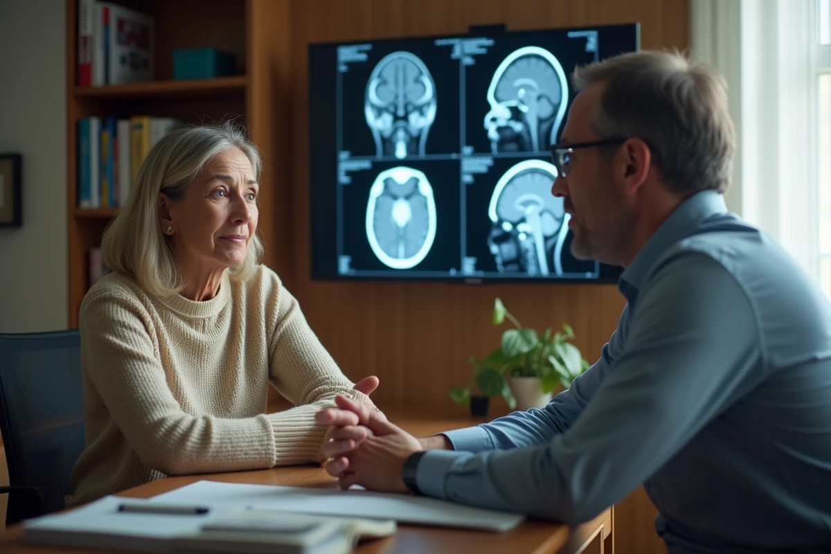 Patiente en consultation neurologique discutant des effets de l'anesthésie sur le cerveau avec un médecin devant une IRM cérébrale