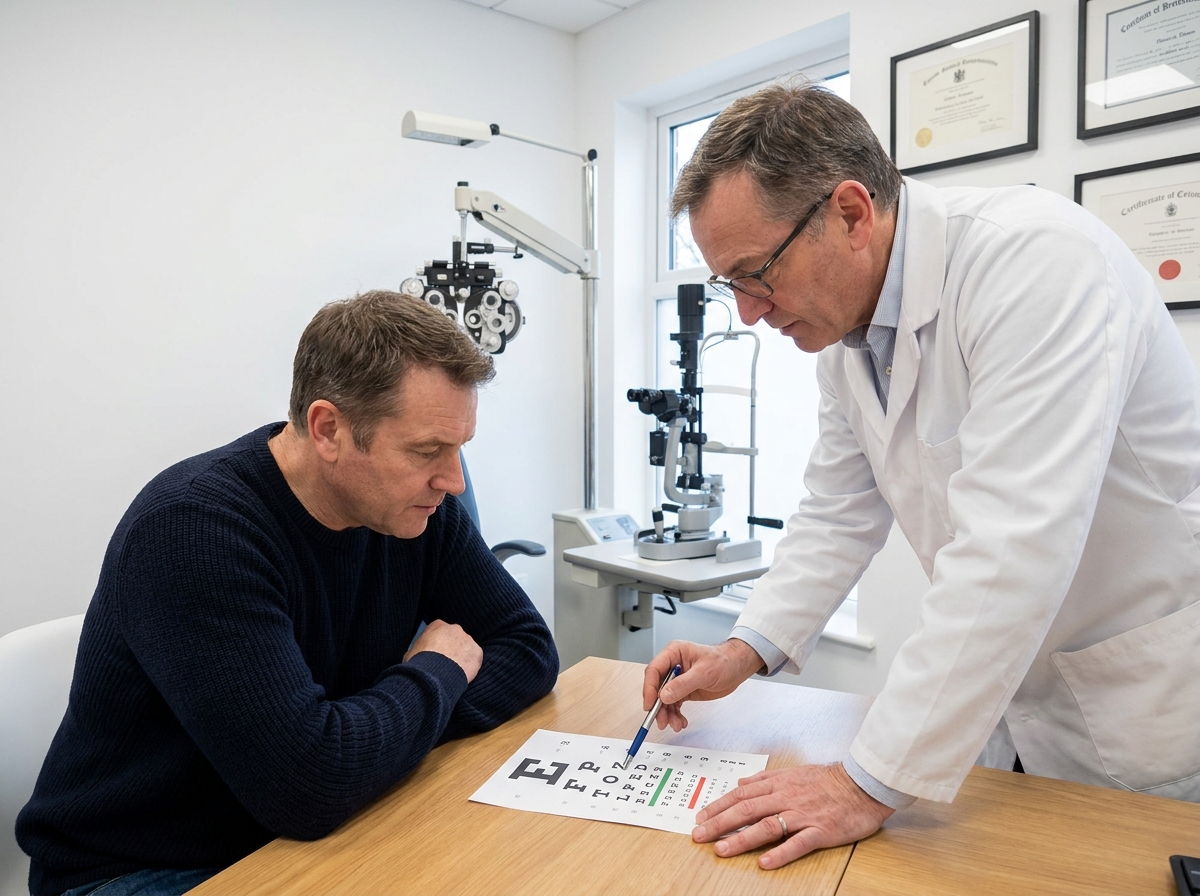 Opticien et patient en consultation dans un cabinet d'optométrie, examinant une ordonnance de correction visuelle pour le renouvellement de lunettes
