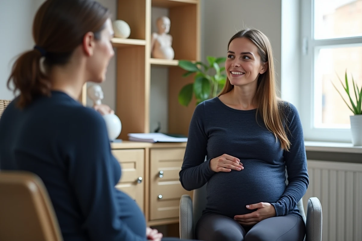 Femme enceinte en consultation prénatale avec une sage-femme discutant du dépassement de terme de grossesse