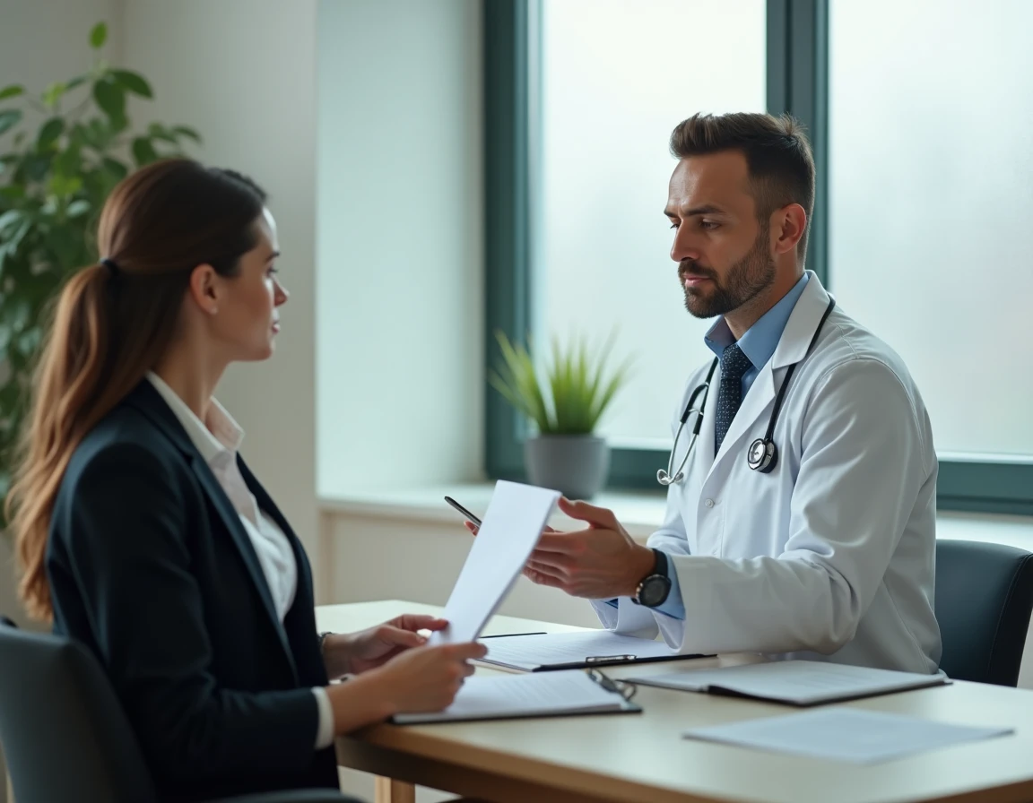 Femme salariée face à un médecin contrôleur mandaté par l'employeur lors d'une visite de contrôle d'arrêt de travail