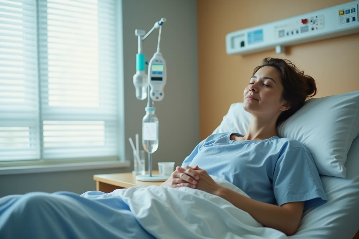 Femme en convalescence allongée dans un lit d'hôpital après une ablation de la trompe, les mains posées sur une couverture blanche, expression apaisée