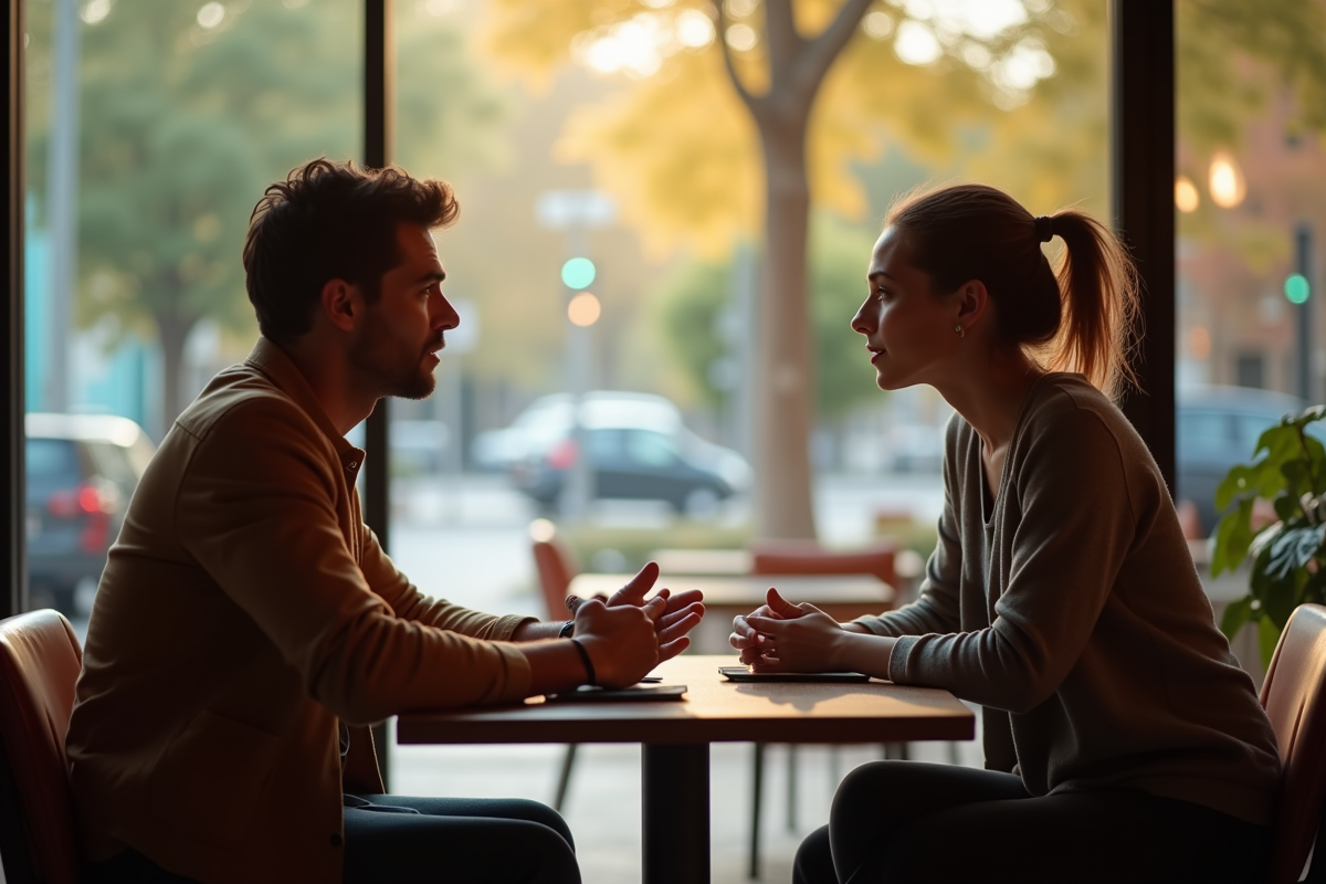 Deux personnes discutent dans un café lumineux et moderne