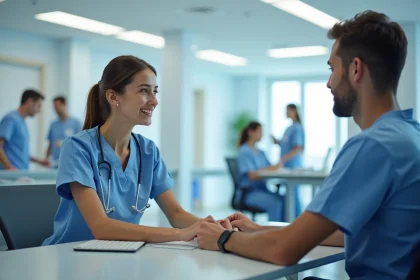 Infirmière coordinatrice partageant des informations médicales sur écran avec un collègue dans un bureau hospitalier