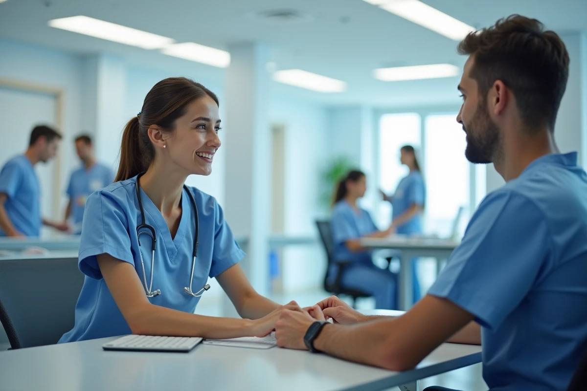 Infirmière coordinatrice partageant des informations médicales sur écran avec un collègue dans un bureau hospitalier